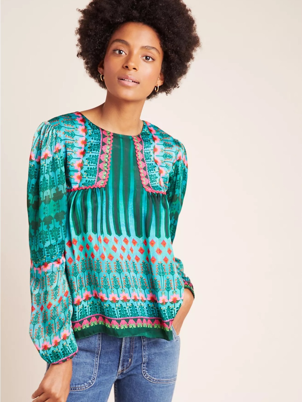 Teal Printed Long-Sleeve Peasant Blouse